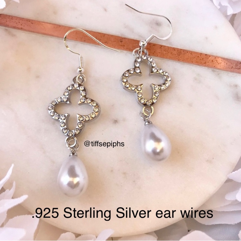 Silver sparkly pavé rhinestone clover pearl drop dangly earrings .925 Ear Wires